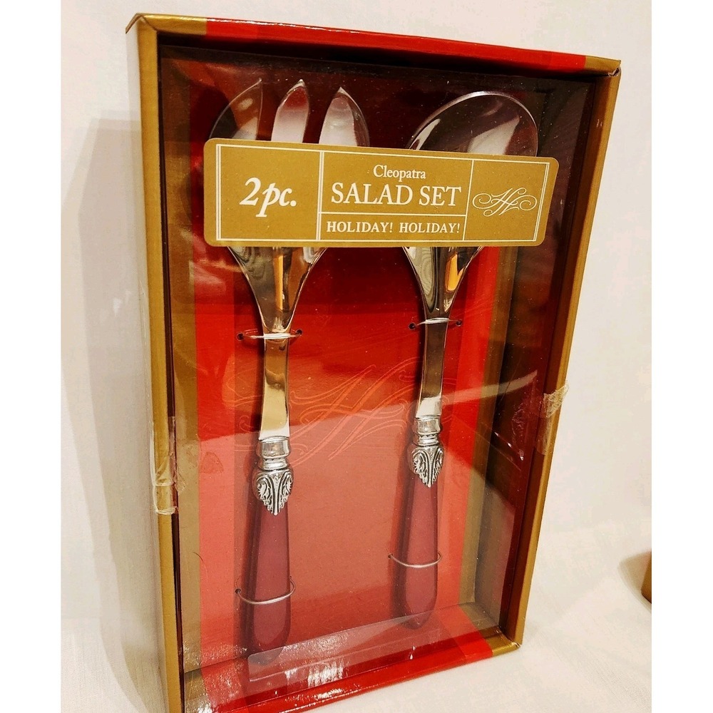 Cleopatra Holiday 2 pc Salad‎ Serving Set Red Metal handle Open Box